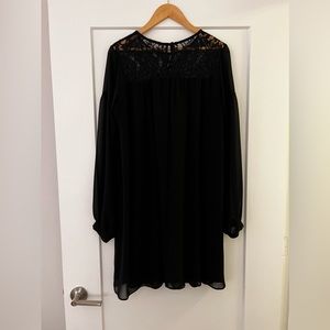 ASOS black flowy dress with lace detailing around the neck and balloon sleeves